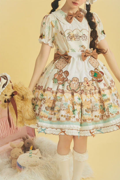 Babyblue - Little Bear Honey Jar - Kawaii Lolita Short Sleeve OP Gingerbread Man Embroidered Dress