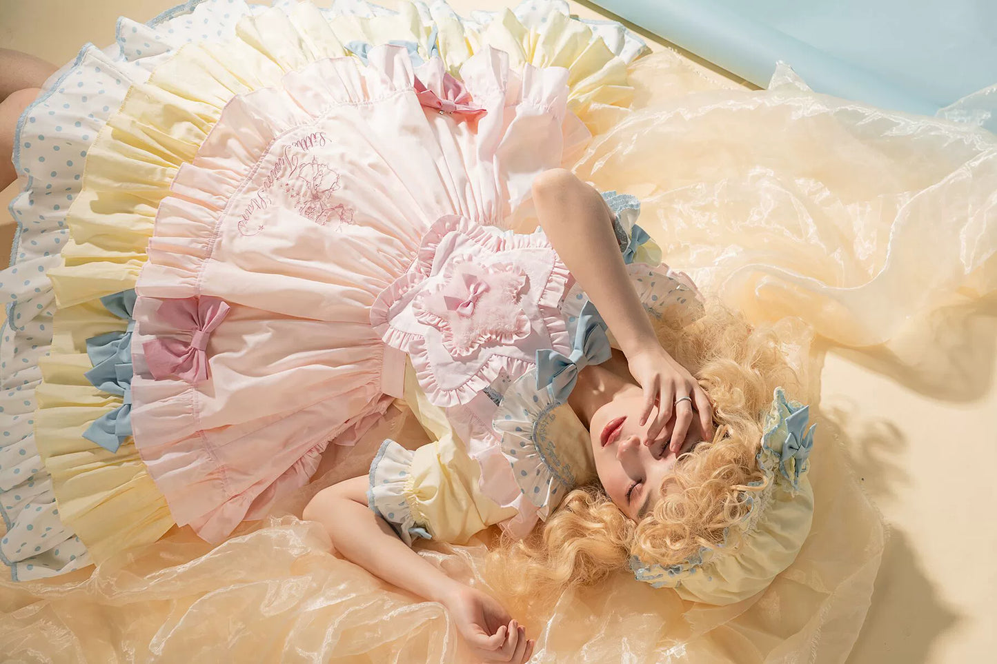 Vcastle - Sweet Lolita OP Dress Splicing Sleeve Apron Dot Print Dress