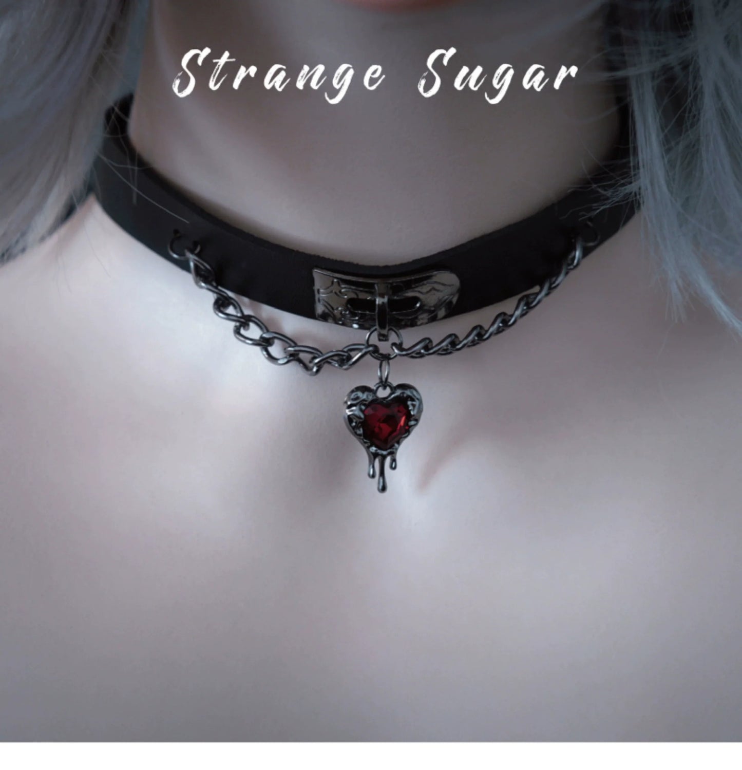 Strange Sugar - Gothic Lolita Choker Faux Leather Heart Pendant Necklace