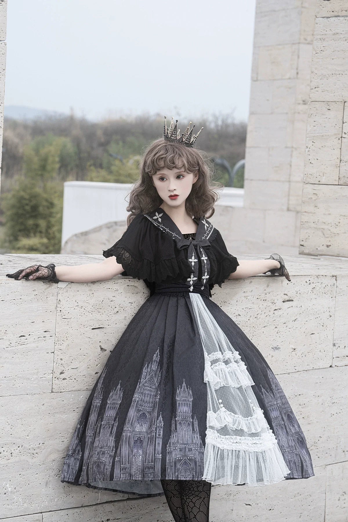 Cornfield Lolita - Silent Church - Gothic Lolita JSK Front Open Printed Dress and Thin Cardigan Set