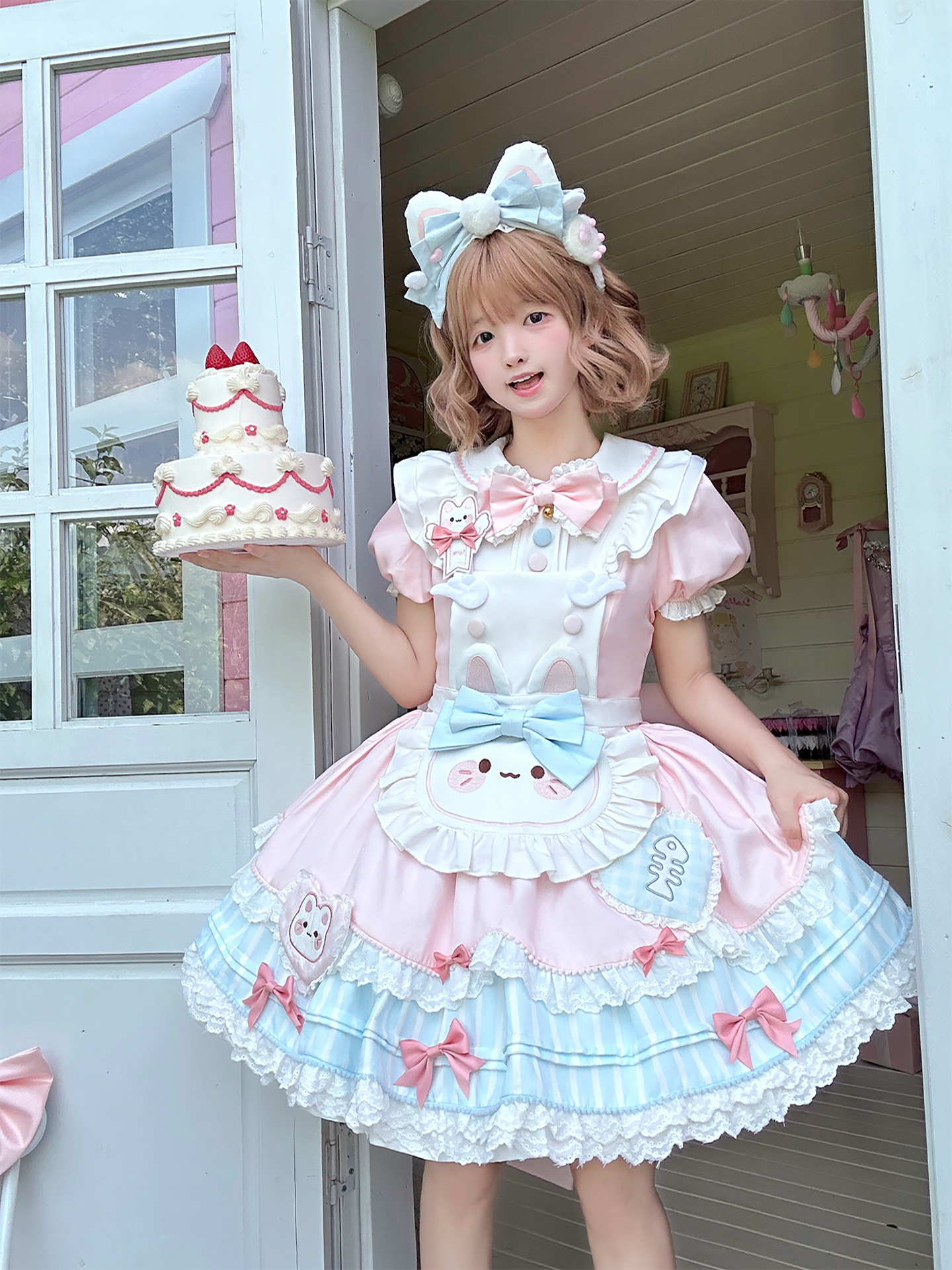 Jiuli Lolita - Nine Meow Bunny - Sweet Lolita Bunny Apron OP Dress, Back Zipper
