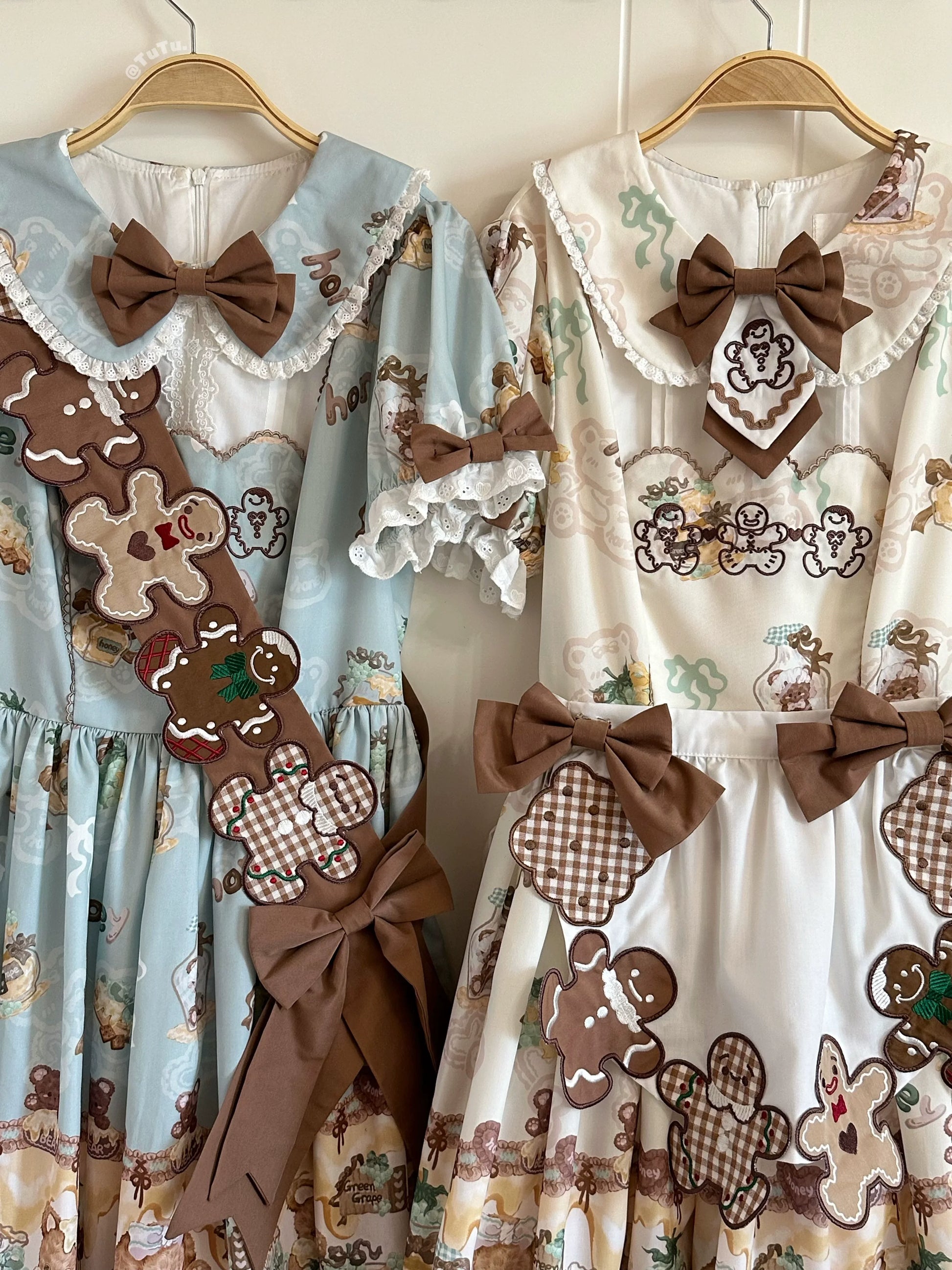 Babyblue - Little Bear Honey Jar - Kawaii Lolita Short Sleeve OP Gingerbread Man Embroidered Dress