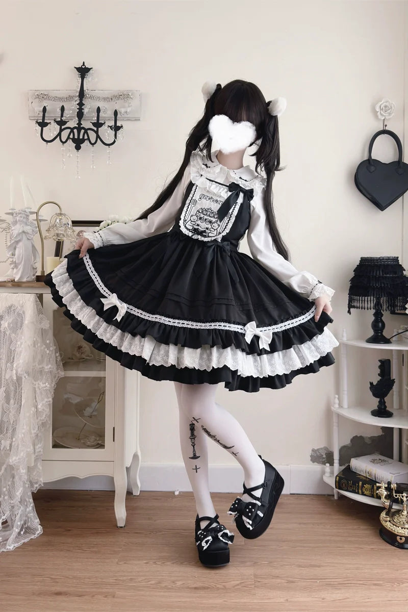 Hanguliang - Sweet Bear - Kawaii Lolita JSK Dress Embroidery Flounce Hem