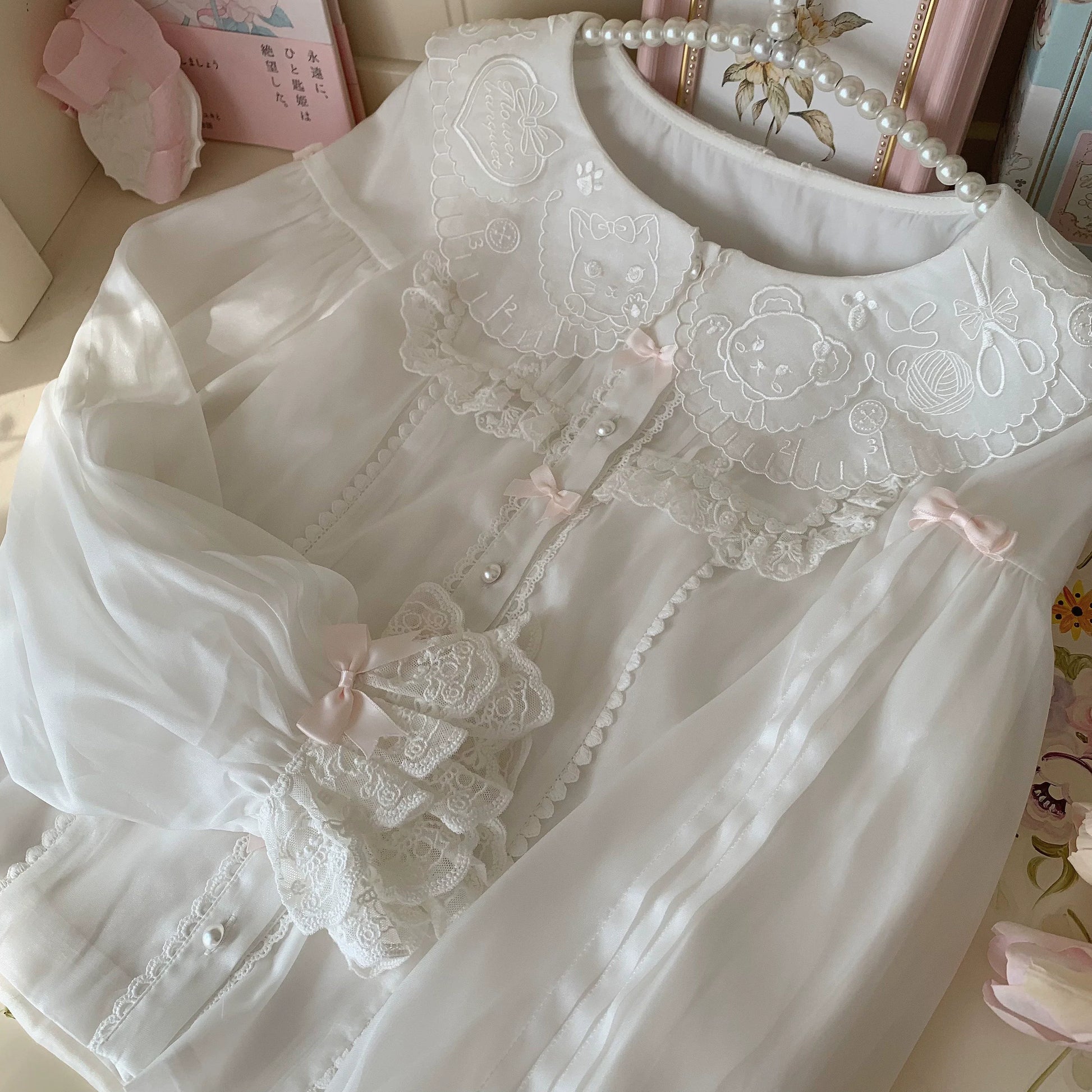 Flower Banquet - Sweet Lolita Blouse Embroidered Shirt with Long Sleeve