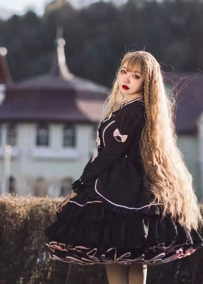 Catlow Rabbit - Black Lolita Doll OP/JSK with Adjustable Elasticity