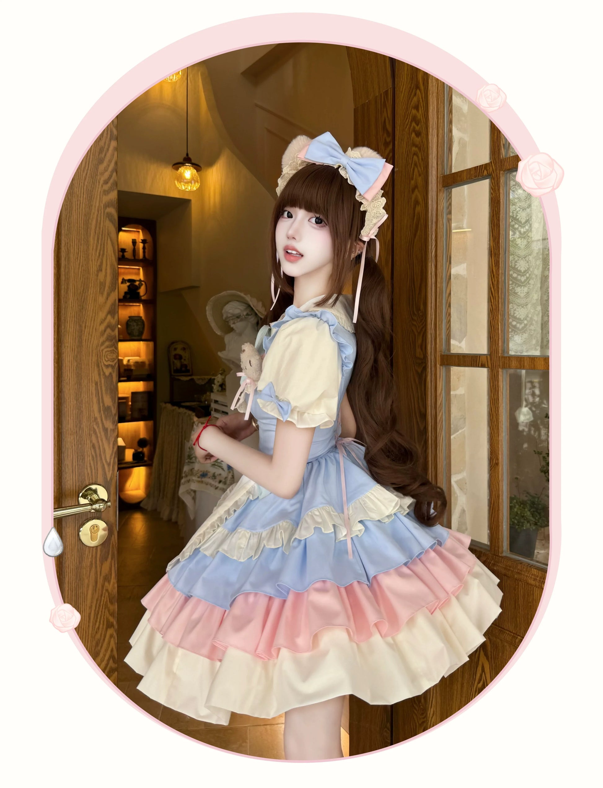 Platycodon House - Cream Puff - Sweet Lolita Apron OP Dress, Bunny & Bear Details