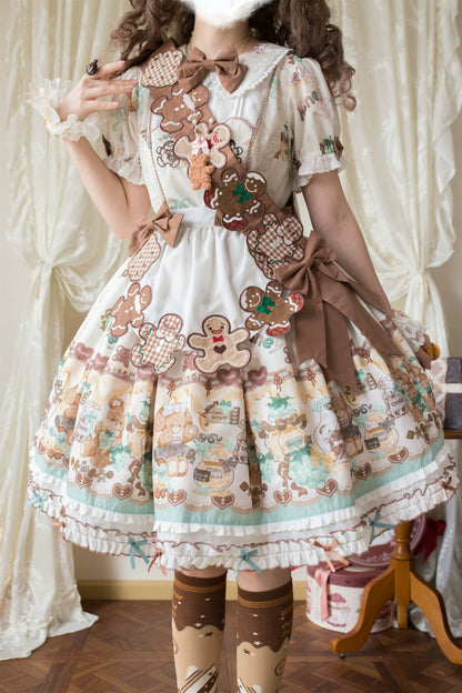 Babyblue - Little Bear Honey Jar - Kawaii Lolita Short Sleeve OP Gingerbread Man Embroidered Dress
