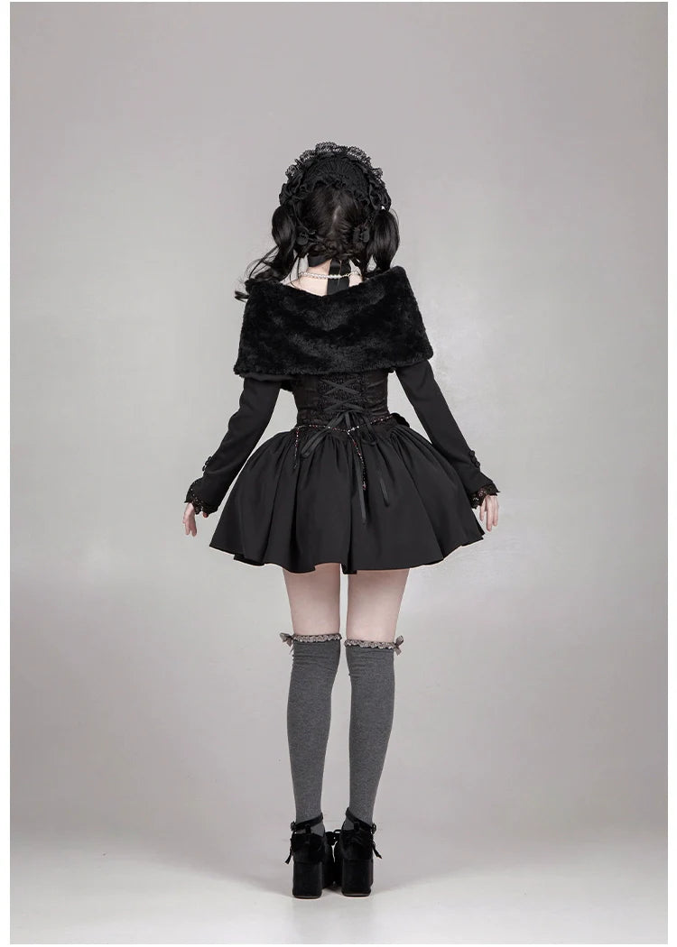With PUJI - Old Testament - Classic Lolita Coat Black Plush Lolita Cape and Brooch