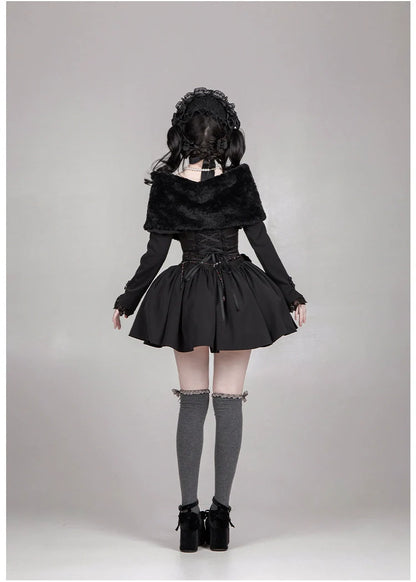 With PUJI - Old Testament - Classic Lolita Coat Black Plush Lolita Cape and Brooch