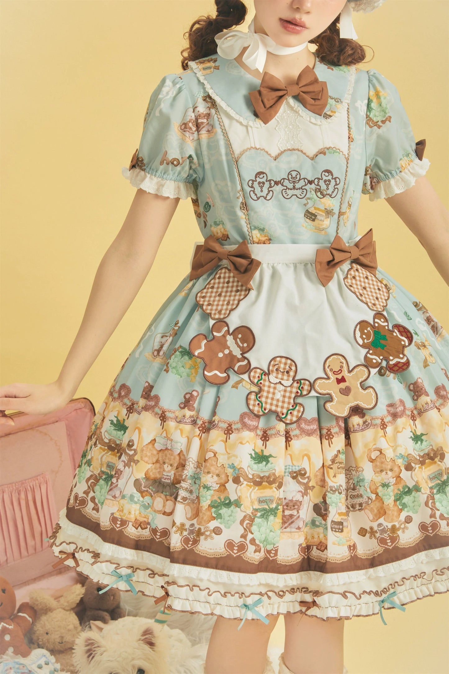 Babyblue - Little Bear Honey Jar - Kawaii Lolita Short Sleeve OP Gingerbread Man Embroidered Dress