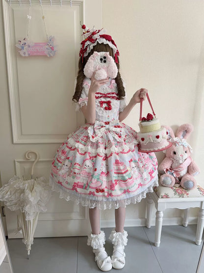 Hanguliang - Cherry Bake Song - Kawaii Lolita JSK Dress With Dessert Print & Cherry Bow