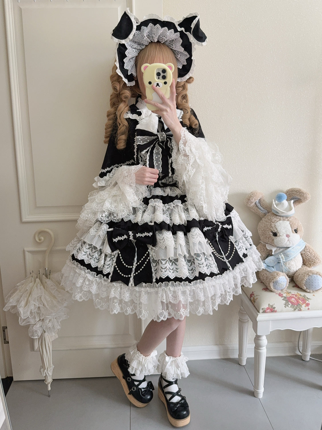 Hanguliang - Cross Heart Knot - Sweet Lolita JSK Suit Tiered Ruffles Dress with Lace Blouse