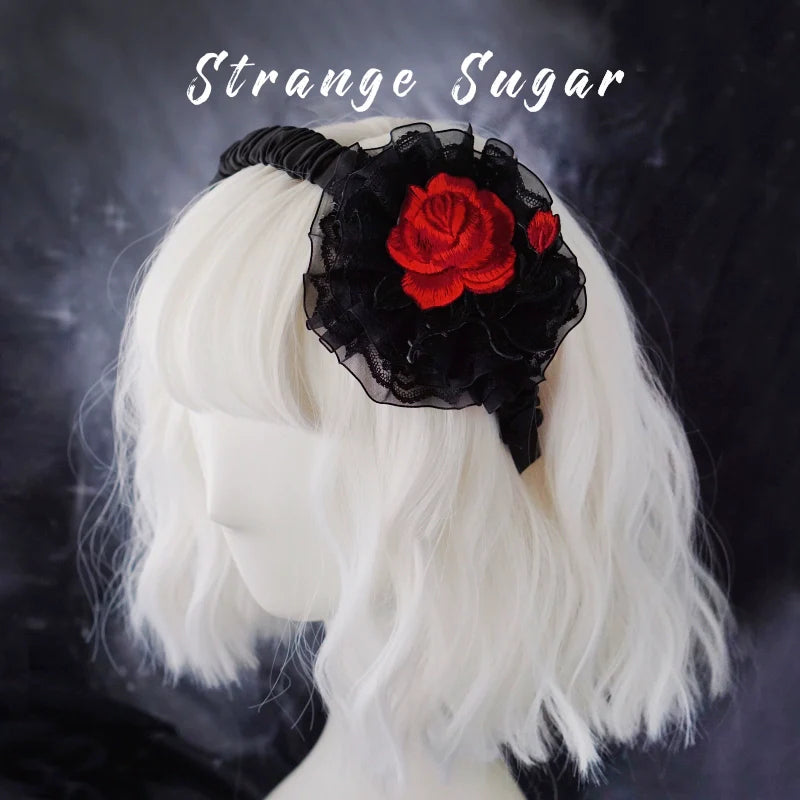 Strange Sugar - Gothic Lolita KC Black Wine Red Ruffled Bow Hair Accessories