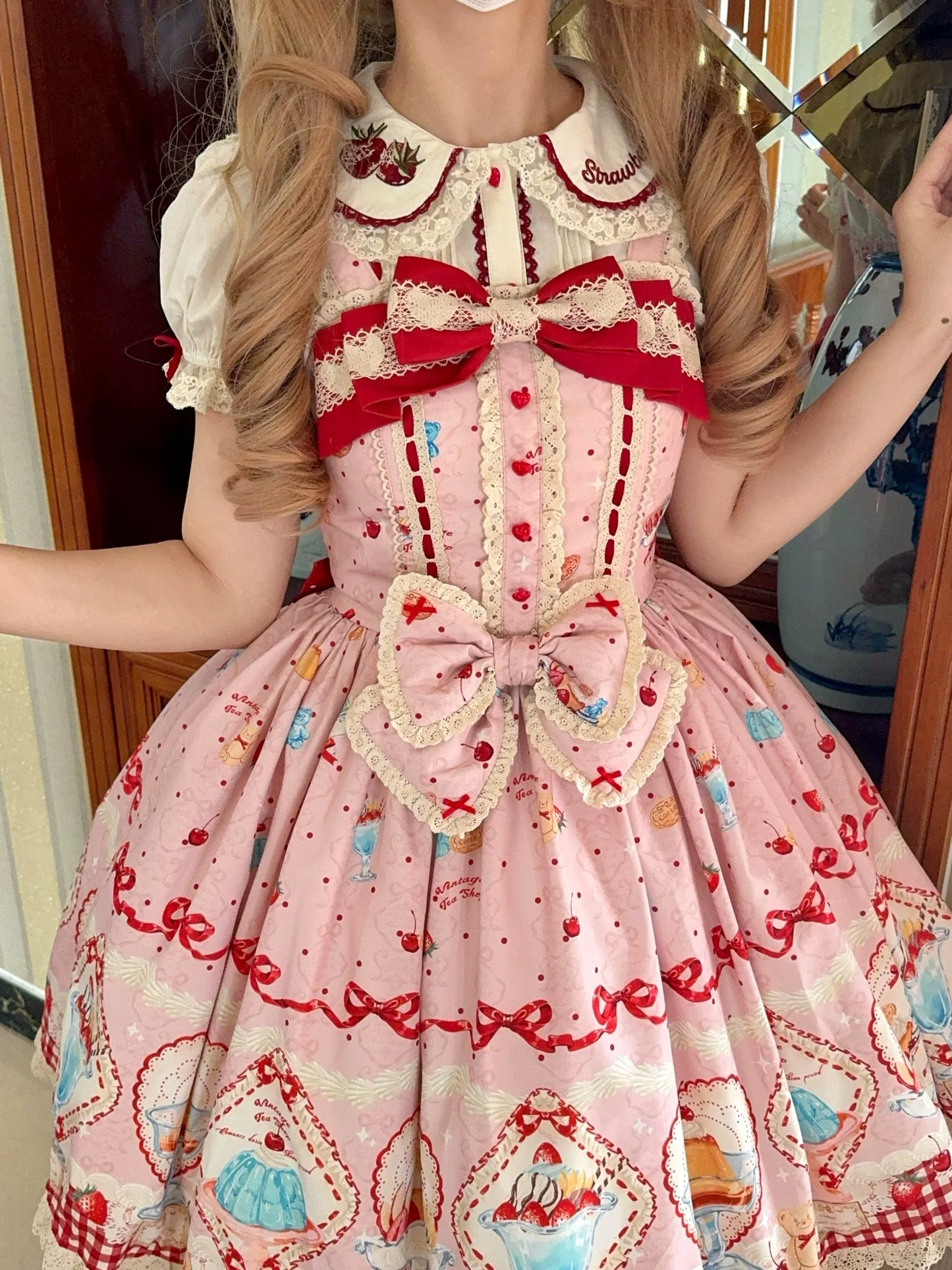 DreamWhale - Showa Dessert Showcase - Kawaii Lolita Dress Suit Pudding-Inspired JSK/Salopette