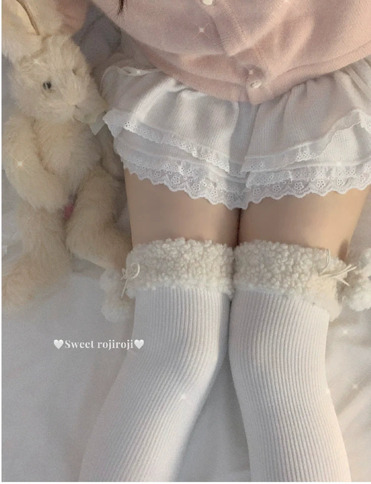 Roji Roji - Winter Fuzzy Ball Lolita Socks Over Knee Thick Socks