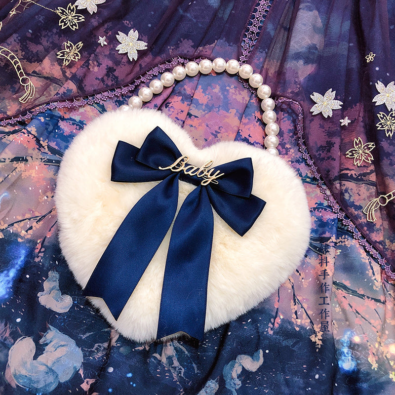 MAID - Kawaii Lolita Heart Bag Plush Pearl Chain Handbag