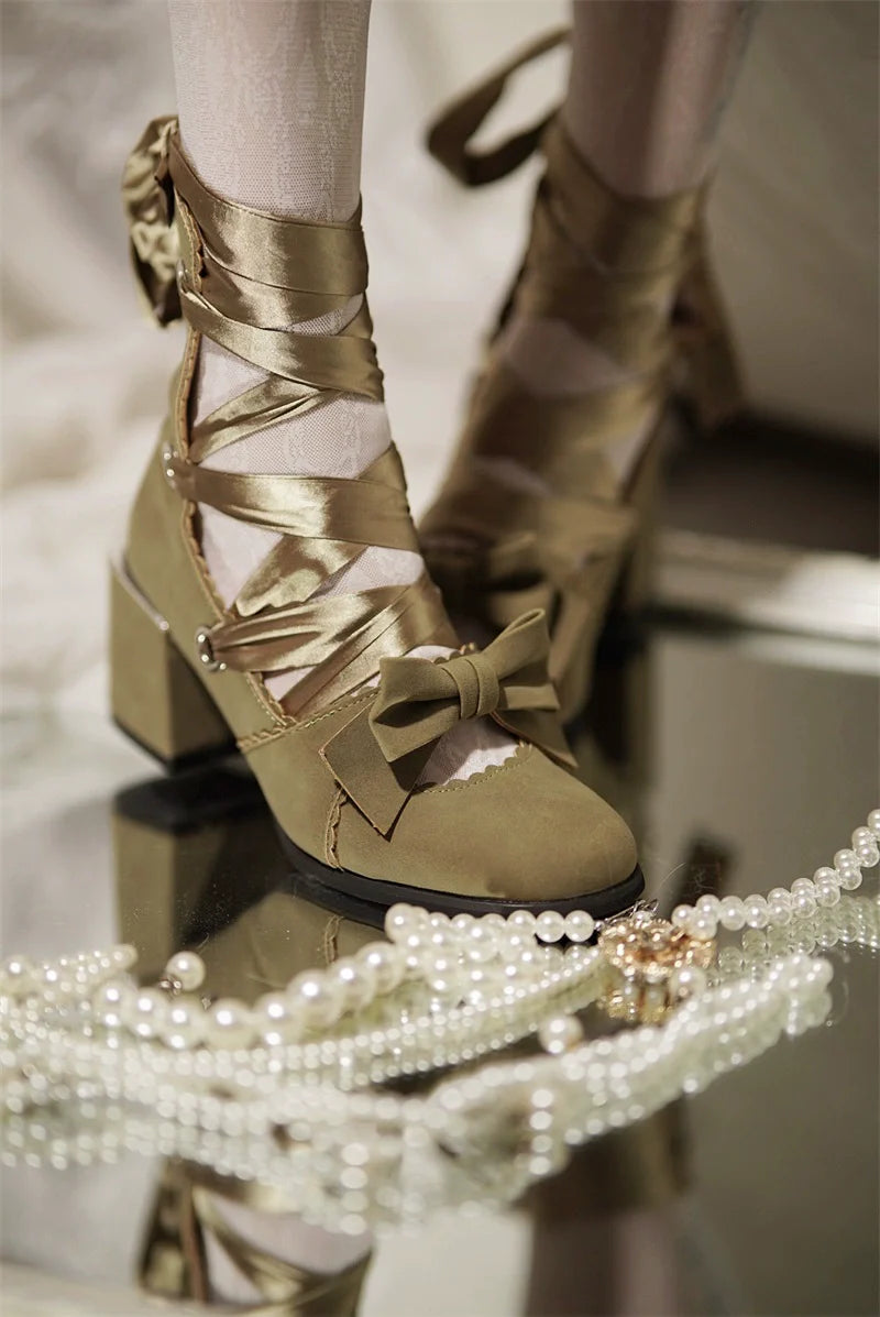 MR.Qiutian - Muse Kiss - Elegant Lolita Shoes Lace-up Bow Heels Round Toe