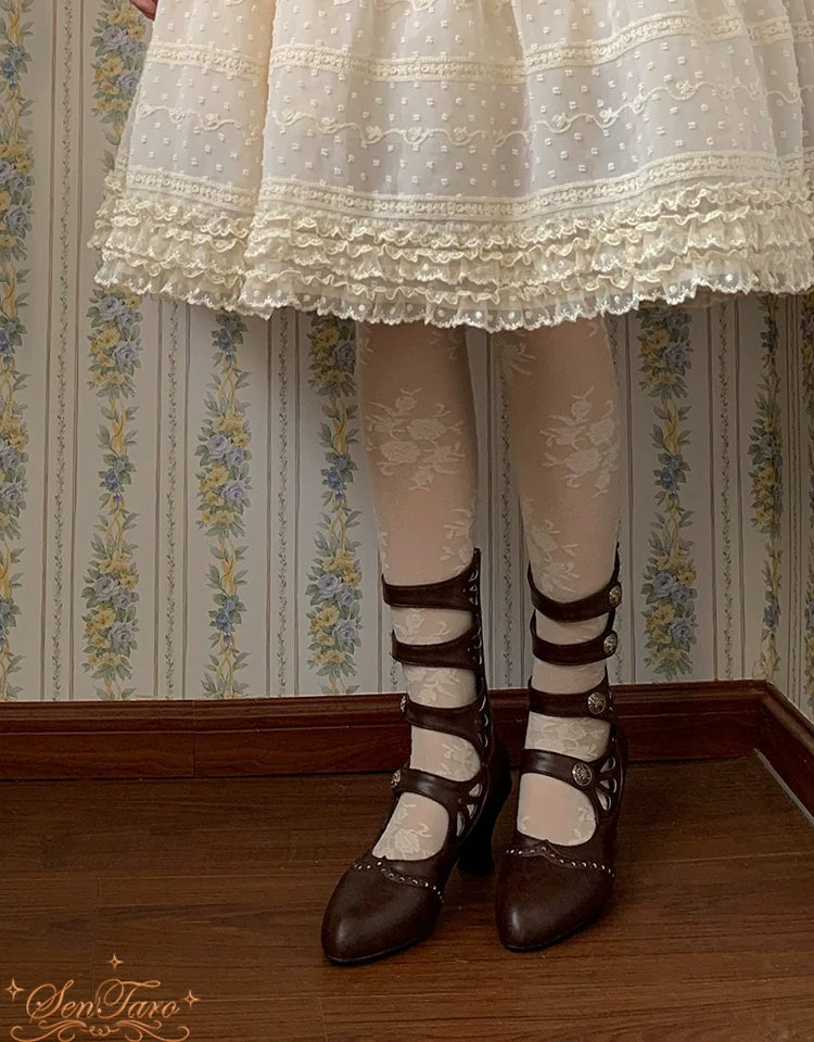 Sentaro - Floral Carved - Vintage Lolita Shoes Mary Jane Hollow-out Ankle Boots