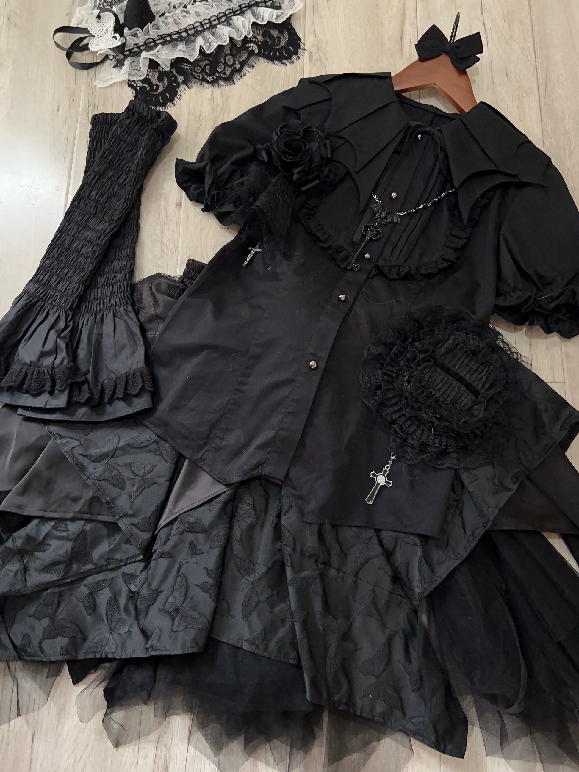 Gazing Galactic - Dusk Melody - Gothic Lolita Bat Shaped Collar Shirt, Detachable Jabot