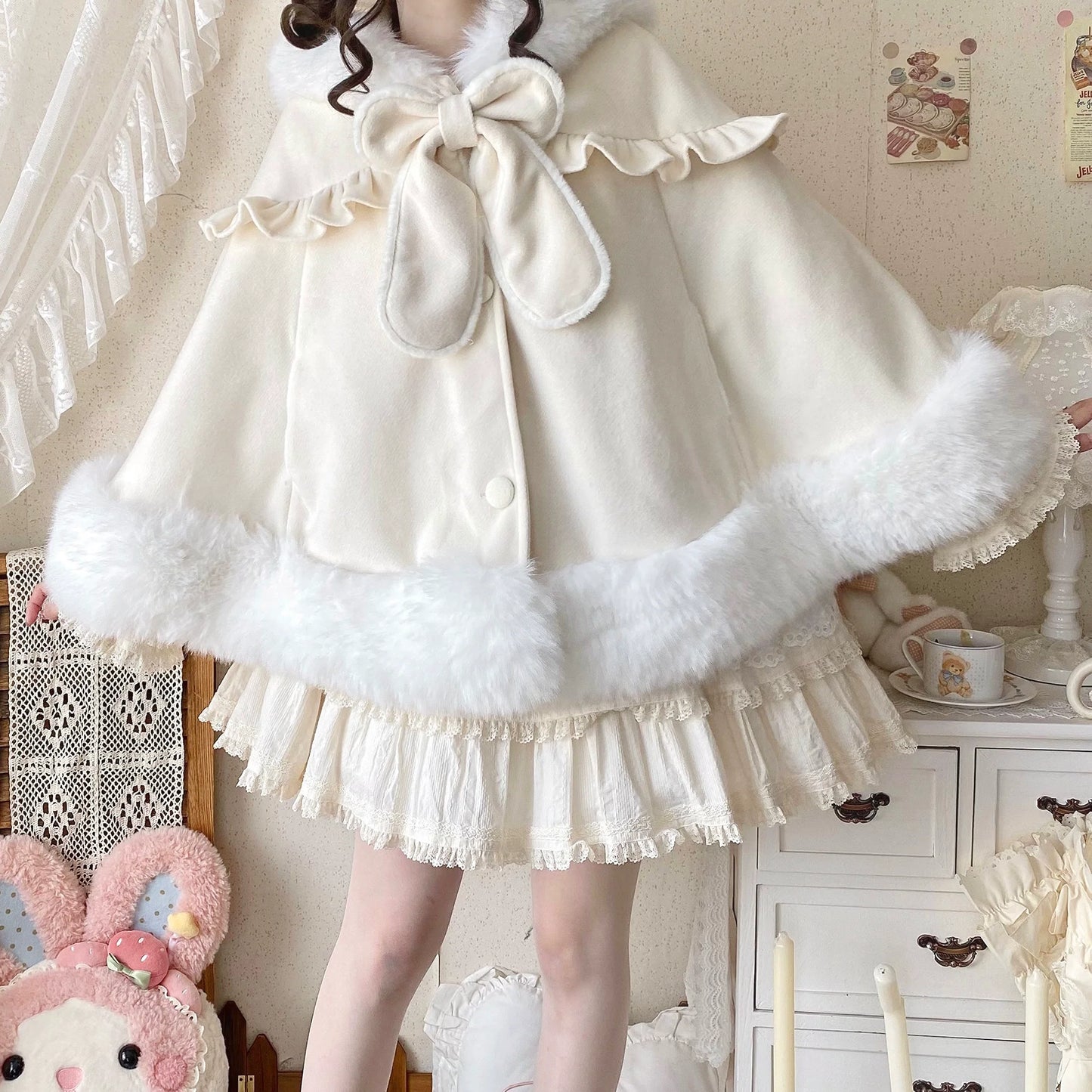 Qianmu - Lop Bunny - Kawaii Lolita Plush Hooded Cape