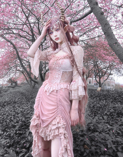 Blood Supply - Sakura Nightmare - Pink Gothic Velvet Drawstring Dress