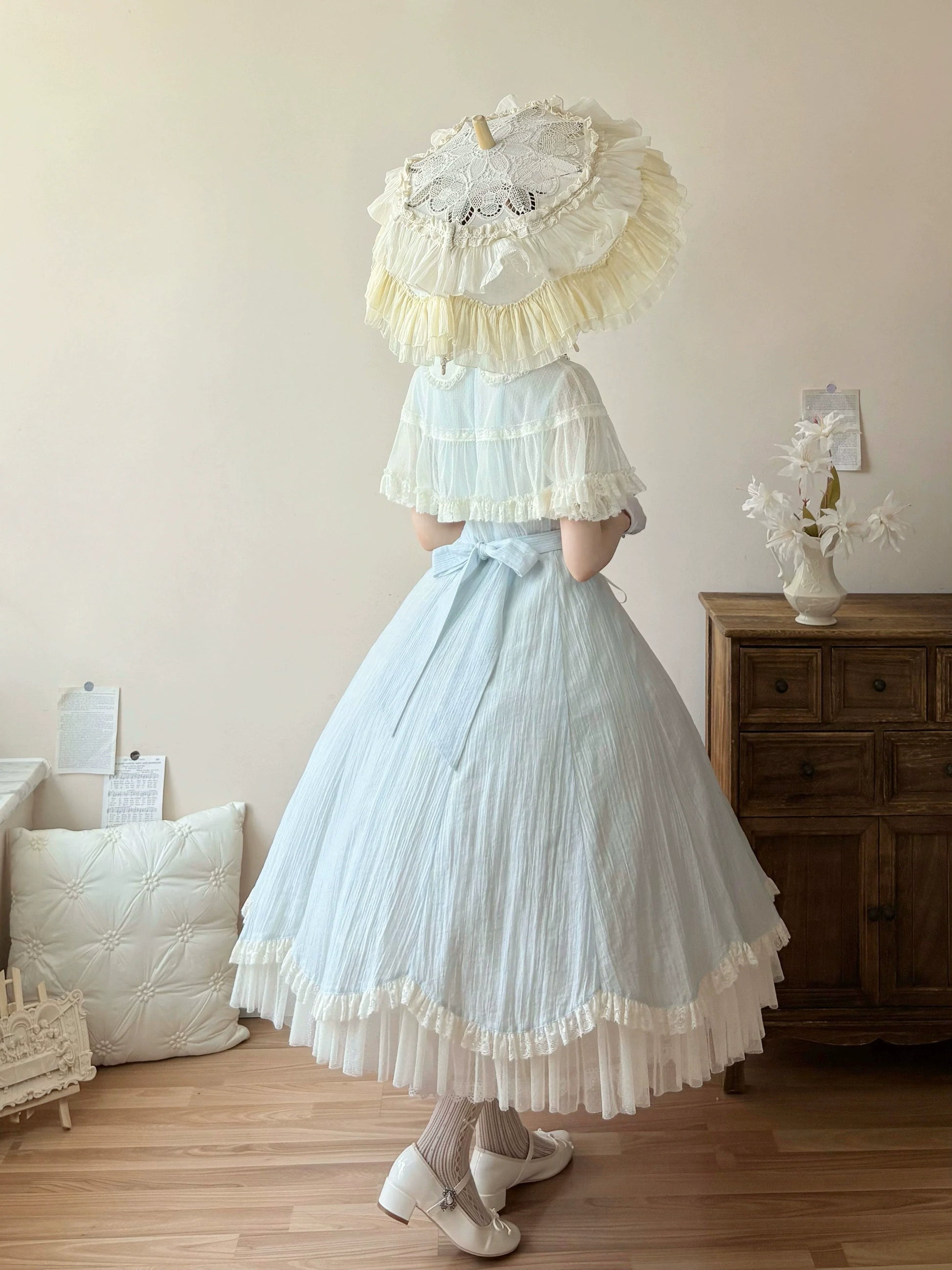 Kuma - Little Wind Chime - Elegant Lolita OP Water Blue Dress With Decorative Tulle Cape