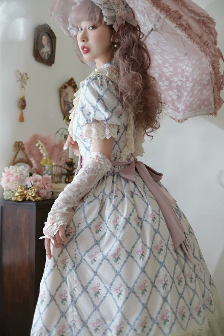 Moon River - Elegant Lolita OP Dress Short Sleeve Square Neckline Print Dress