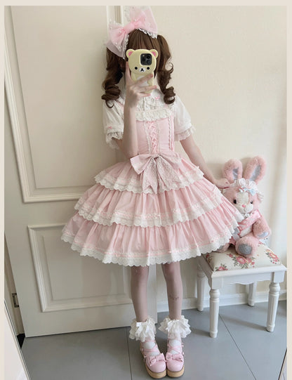 TaTaTa Lolita - Otome Heart - Cotton Old School Lolita JSK Dress Suit, Heart-Shaped Lace Trim