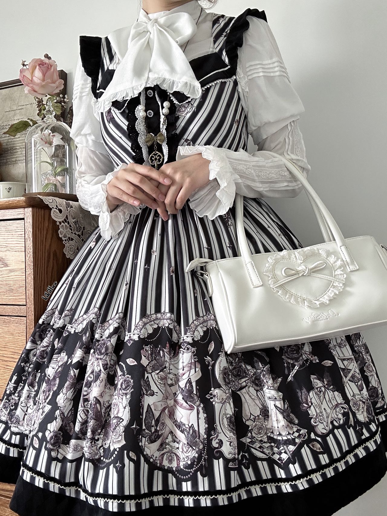 Little Bear - Gothic Lolita Black and White Striped JSK Set