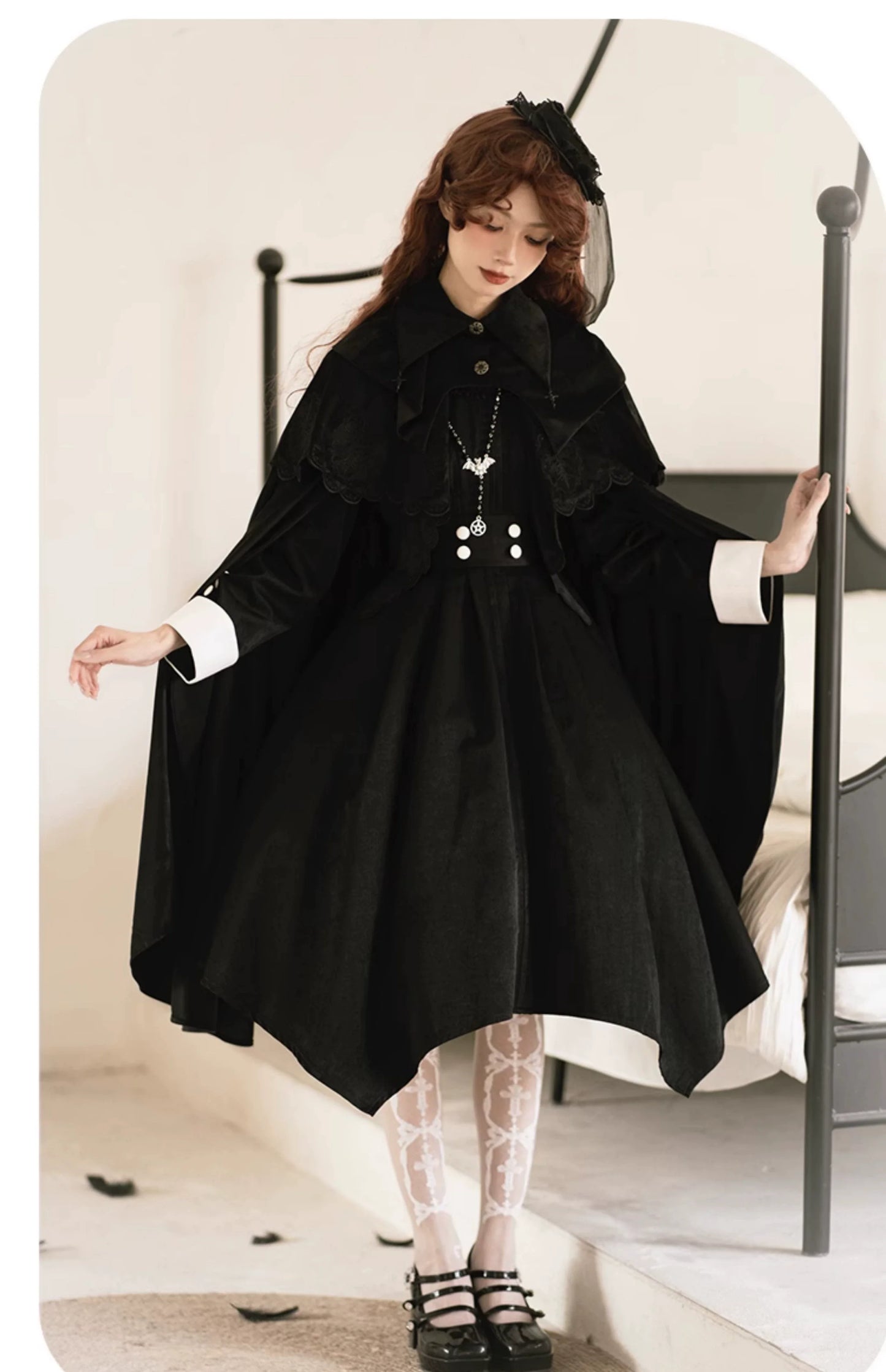 With Puji - Pilgrim - Black Gothic Lolita Cape, Detachable 2-Piece
