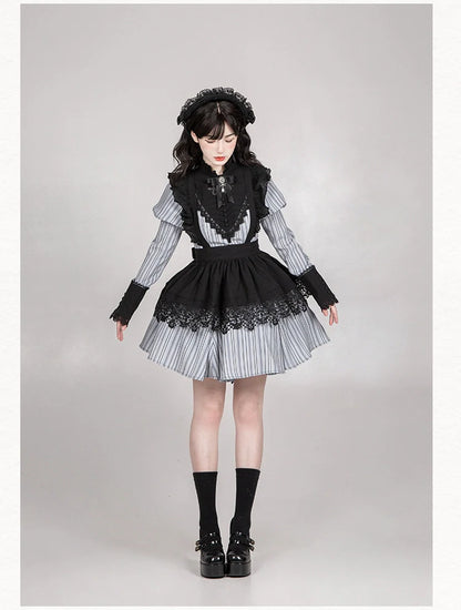 With PUJI - Nocturne SP - Striped Gothic Lolita OP Twin Lolita Dress with Apron