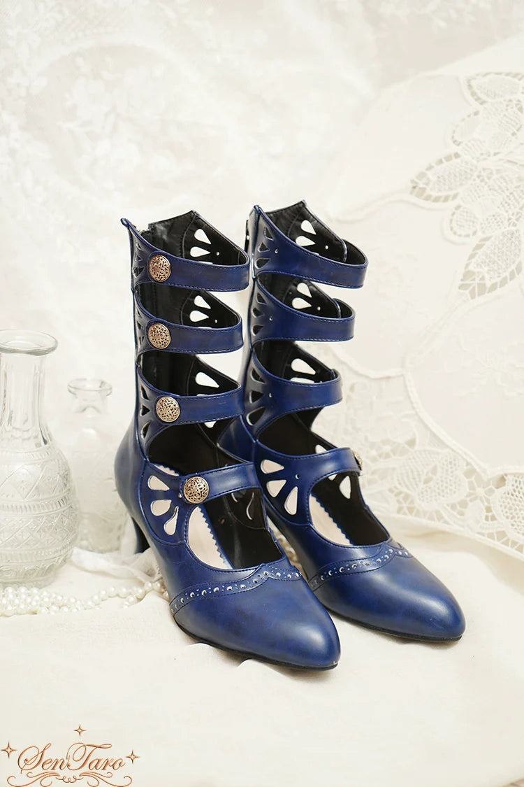 Sentaro - Floral Carved - Vintage Lolita Shoes Mary Jane Hollow-out Ankle Boots