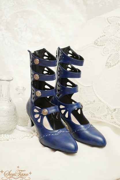 Sentaro - Floral Carved - Vintage Lolita Shoes Mary Jane Hollow-out Ankle Boots