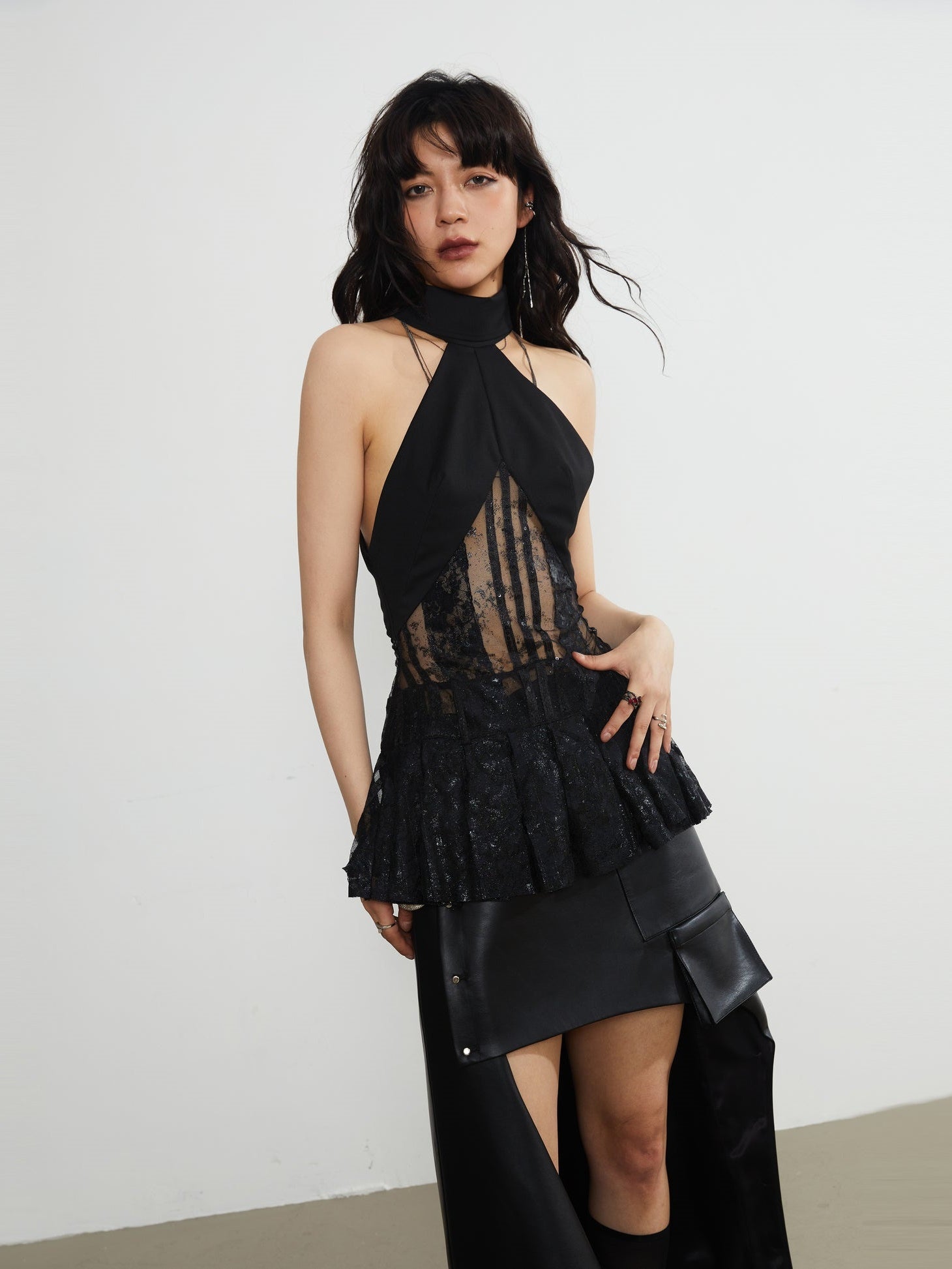 Lace Sequins Pleated Hem Hanging Neck Top