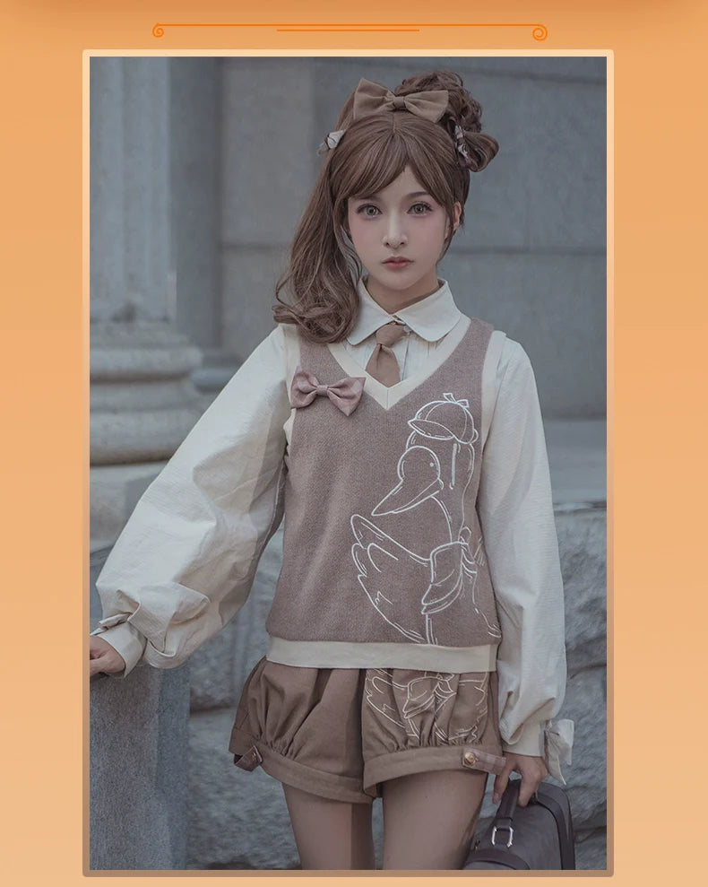Piggy Bun - Famous Detective Goose - Ouji Lolita Retro Brown Sweater Vest