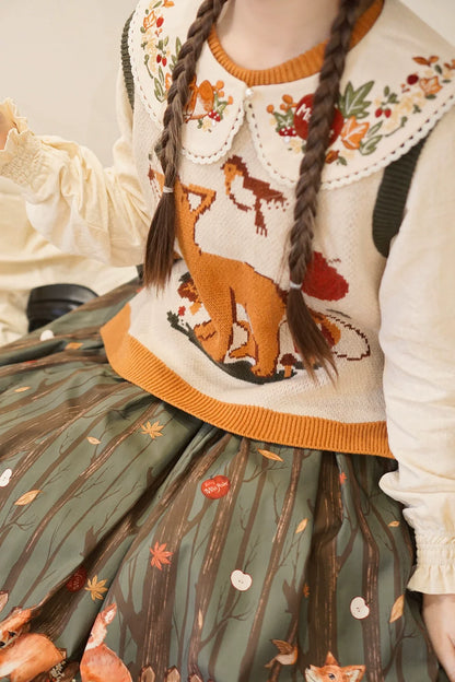 Miss Point - Chubby Fox in the Forest - Kawaii Lolita Accessories Knitted Fox Scarf Embroidered Faux Collar