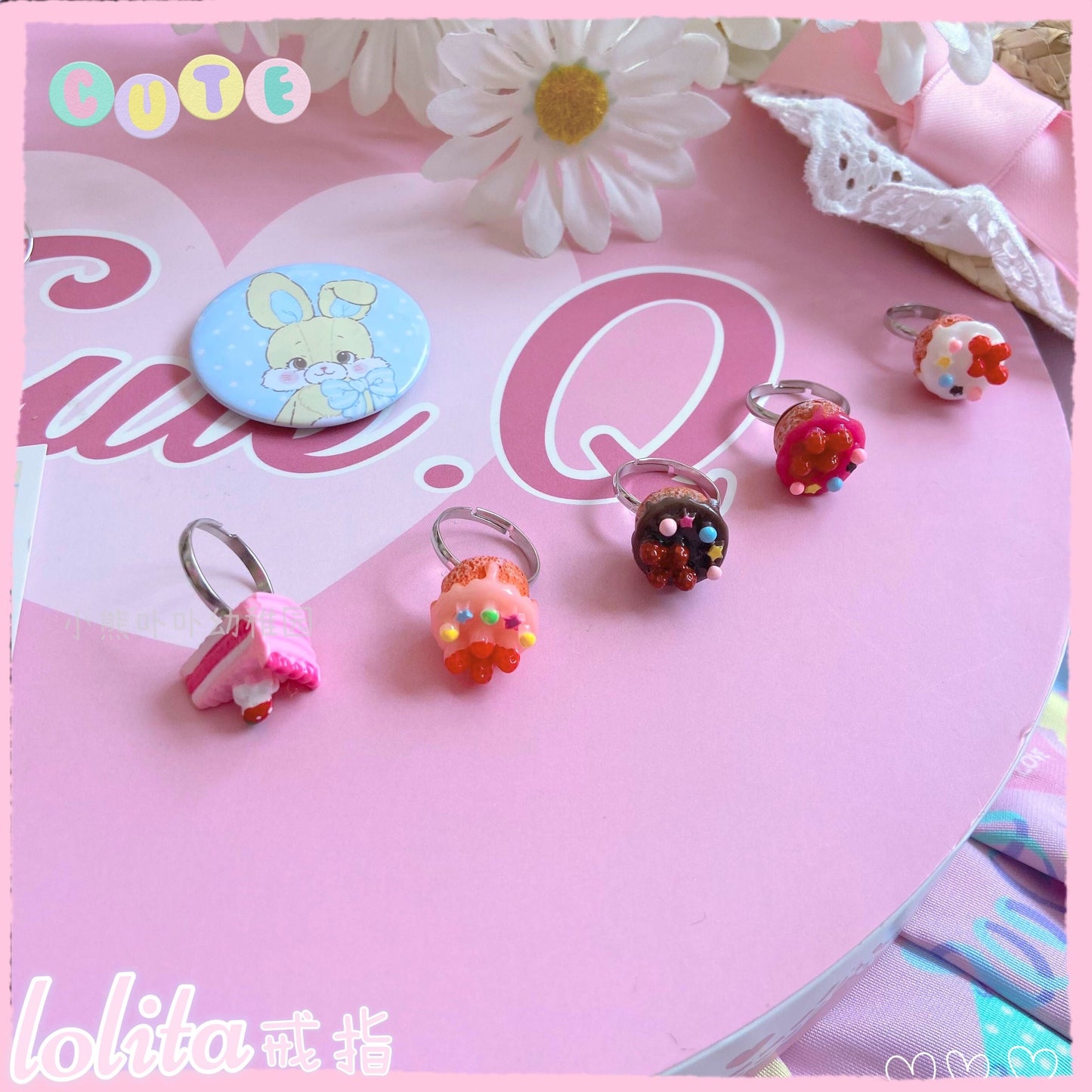 Kawaii Cake Heart Star Strawberry Lolita Rings