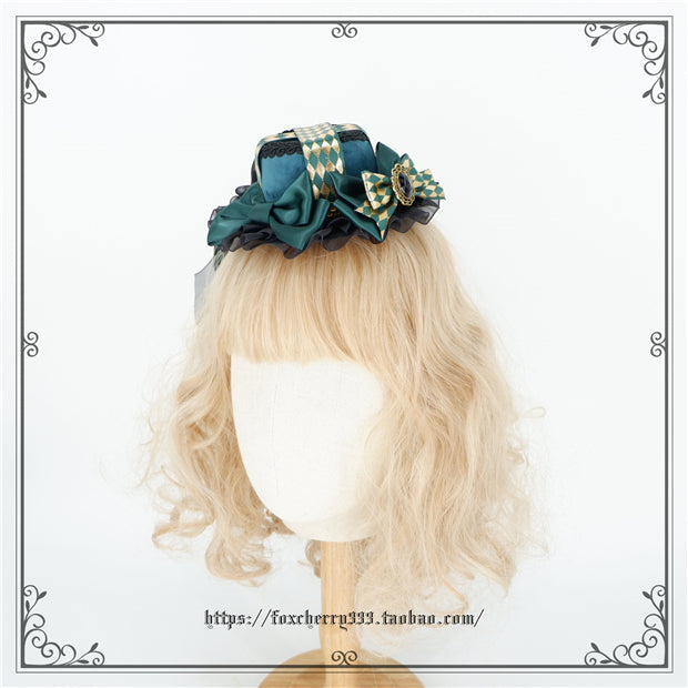 Fox Cherry - Green Lattice Rabbit Ear Bow Lolita Hat Headdress