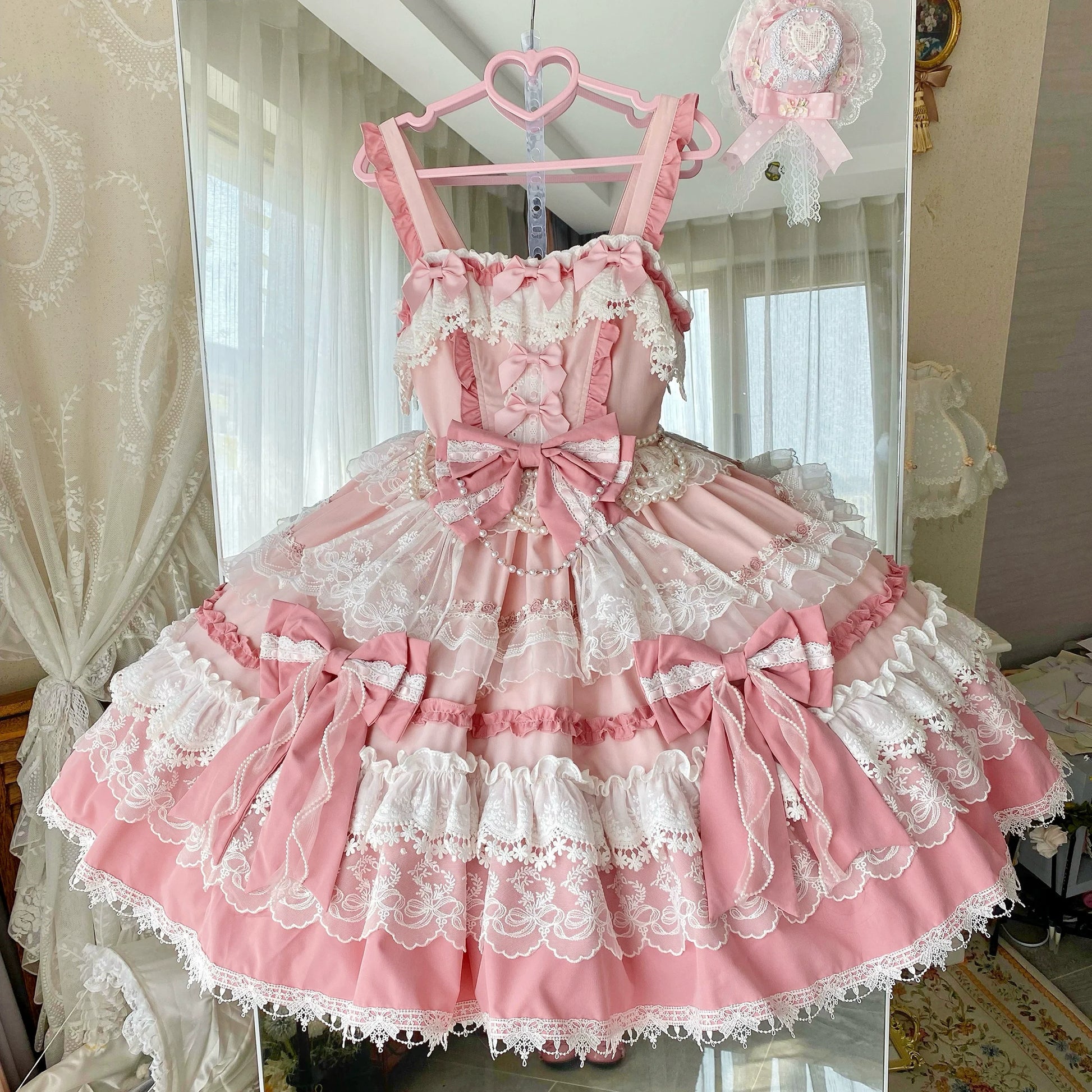 Qianmu - Girl's Secret - Pink Sweet Lolita JSK Dress with Lace and Bow Trailing