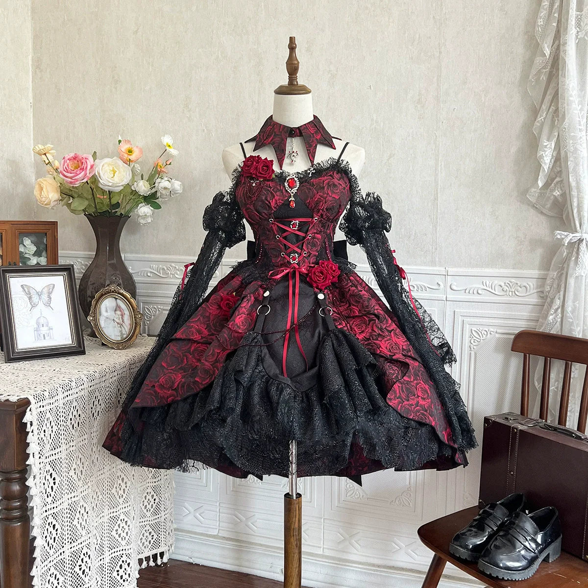 Cornfield Lolita - Rose Blood - Black Red Gothic Lolita JSK Jacquard Court Dress