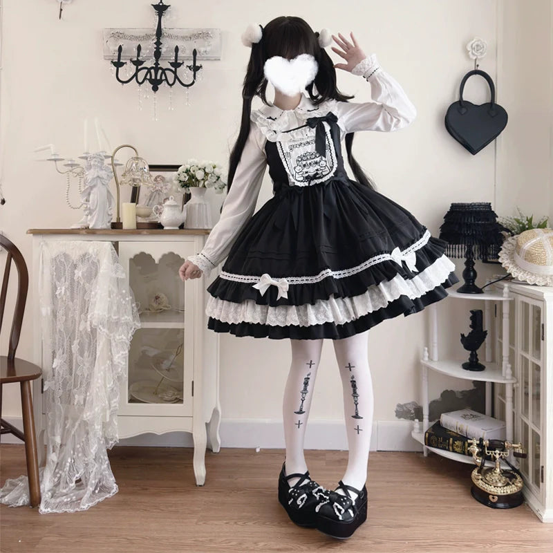 Hanguliang - Sweet Bear - Kawaii Lolita JSK Dress Embroidery Flounce Hem