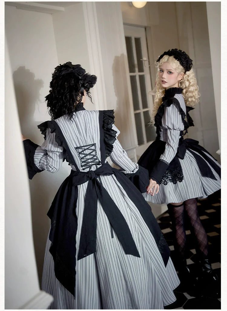 With PUJI - Nocturne SP - Striped Gothic Lolita OP Twin Lolita Dress with Apron