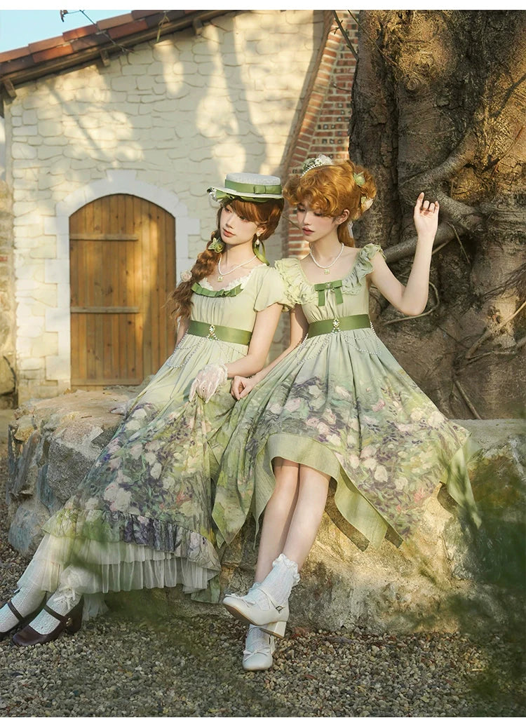 With PUJI - Blooming Rose - Chiffon Classic Lolita Dress Set Painting Styled OP & JSK