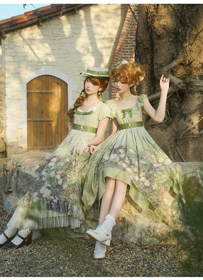 With PUJI - Blooming Rose - Chiffon Classic Lolita Dress Set Painting Styled OP & JSK