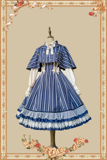Infanta - Elegant Lolita Stripe High-waist Jumper Dress Set and Cape
