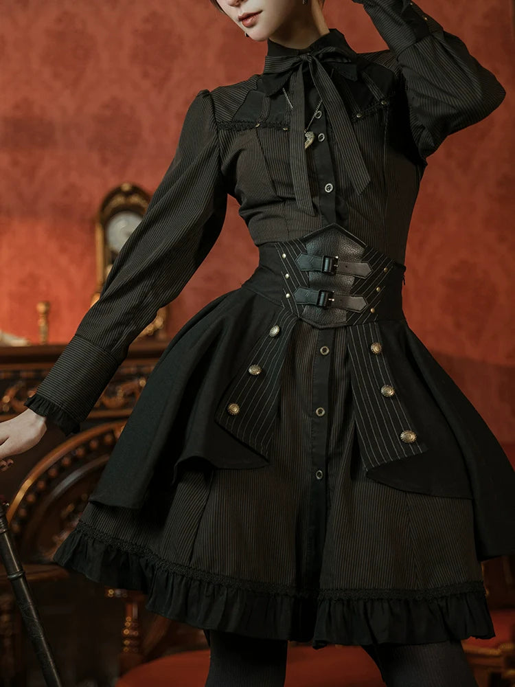 Mr. Yi's Steam Continent - Gothic Lolita Skirt Black High-Waisted Leather Waistband Skirt
