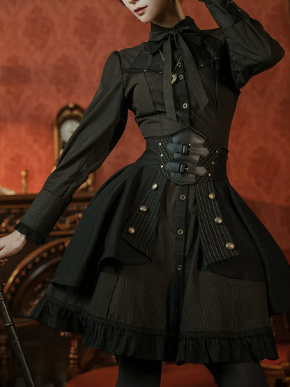 Mr. Yi's Steam Continent - Gothic Lolita Skirt Black High-Waisted Leather Waistband Skirt