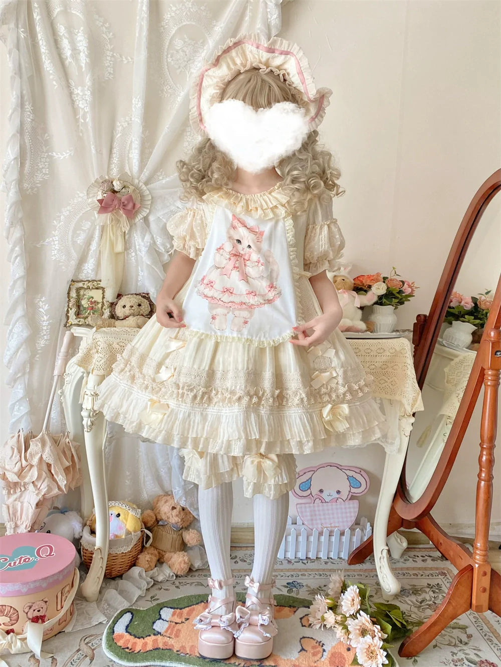 Ilovexiaolu - Meow Lullaby - Cotton Kawaii Lolita OP Dress with Removable Kitty Apron