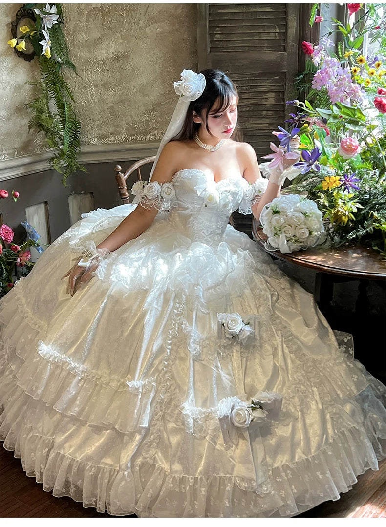 Diamond Honey - Love and Roses - Princess Bridal Wedding Lolita Dress With Rose Detail and Tiered Skirt