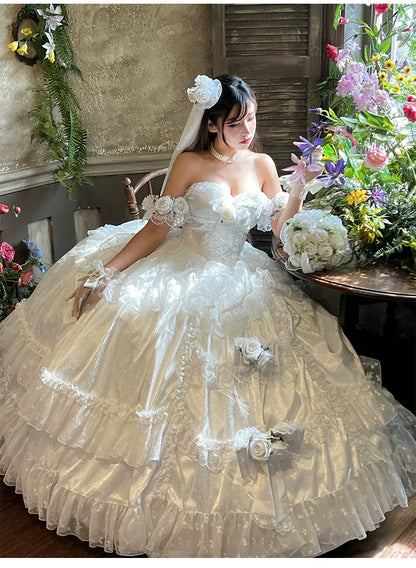 Diamond Honey - Love and Roses - Princess Bridal Wedding Lolita Dress With Rose Detail and Tiered Skirt